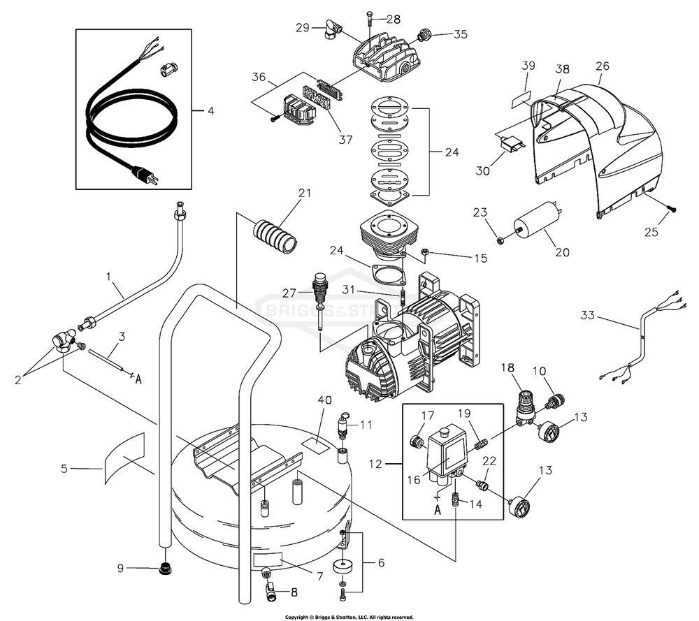 Air Compressor Diagram and Parts List for 074008-0  Briggs and Stratton Compressor